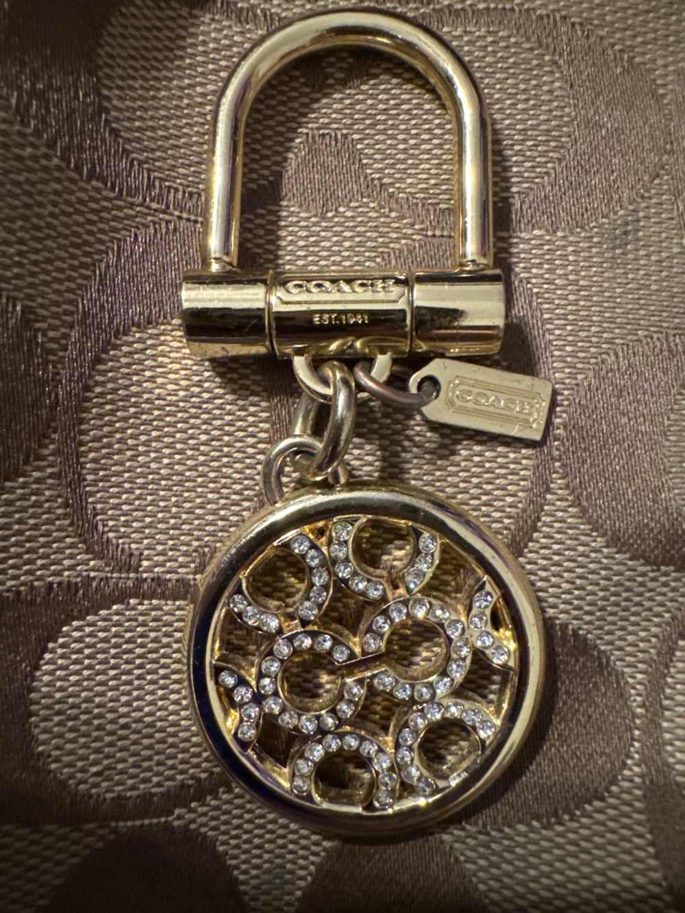 Coach  Key Chain Gold Pave Crystals Circle  Signature Purse Charm